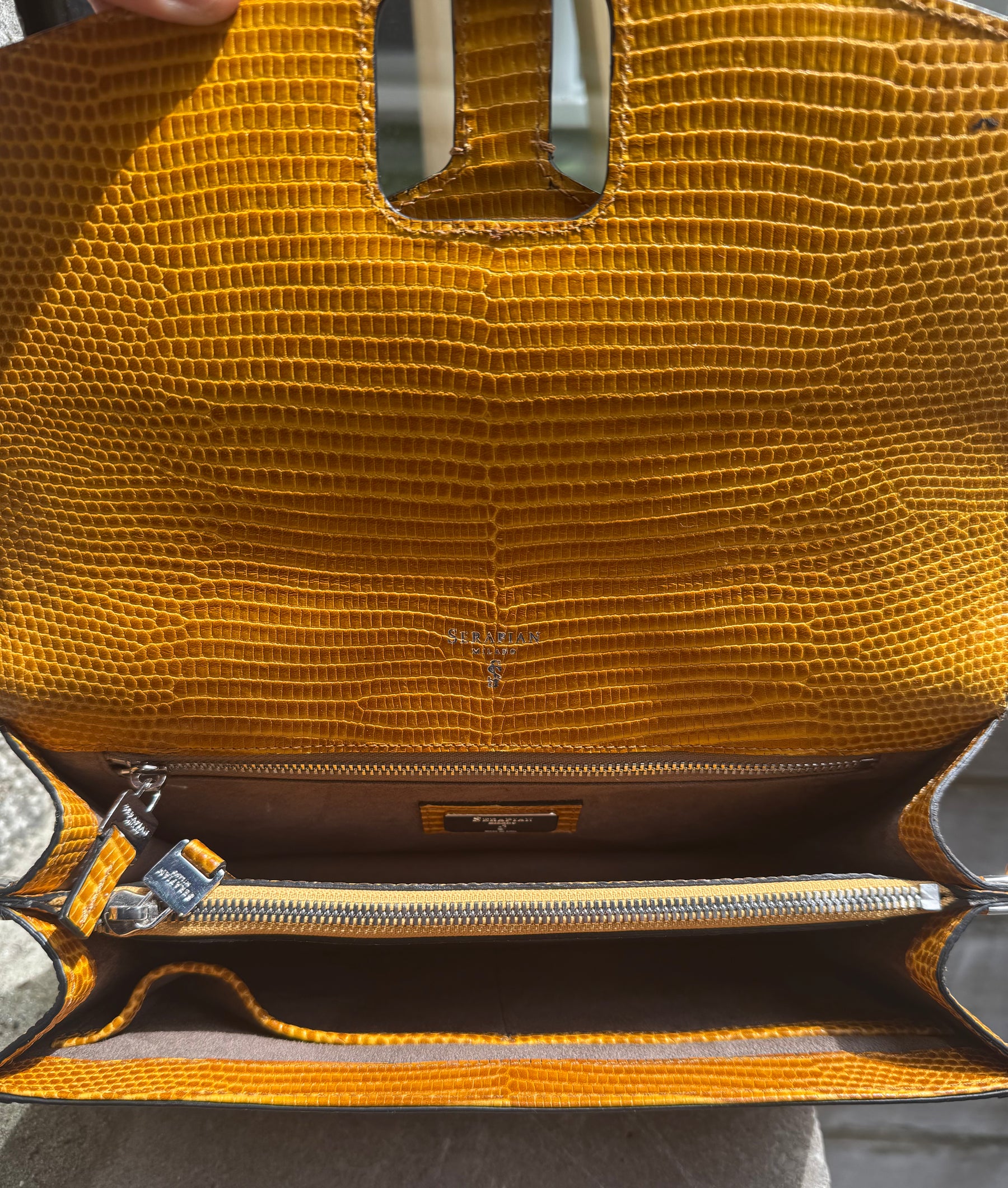 Authentic Pre-Loved Serapian Mustard Yellow Lizard-Print Leather Handbag – Crossbody or Shoulder Bag (Excellent Condition)