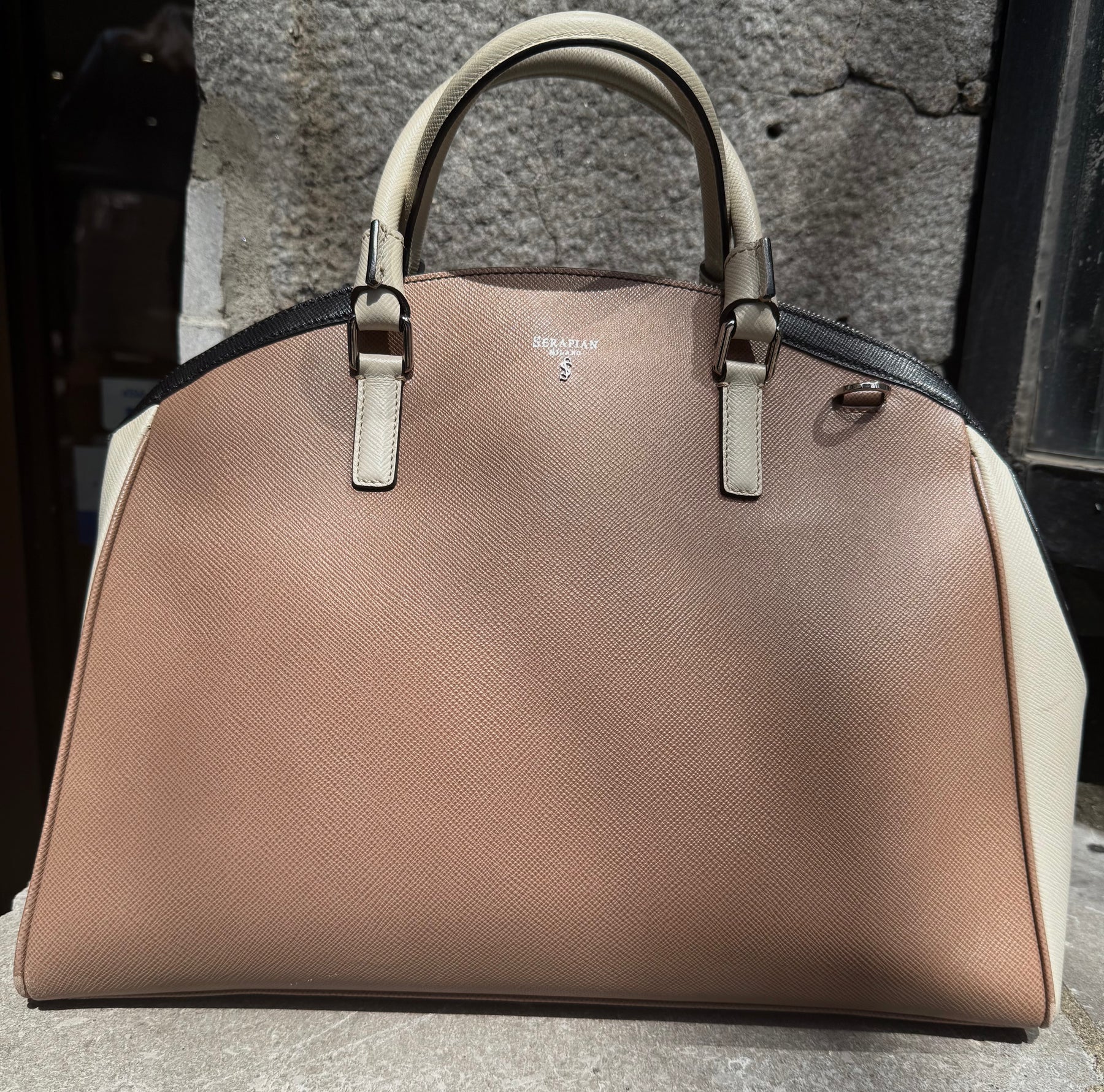 Serapian X-Large Evolution Leather Handbag – Taupe, Beige & Black – Very Good Condition