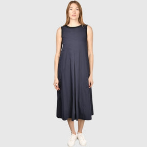 Gran Sasso: Navy Sleeveless Midi Dress with Pleated Front & Relaxed A-Line Fit