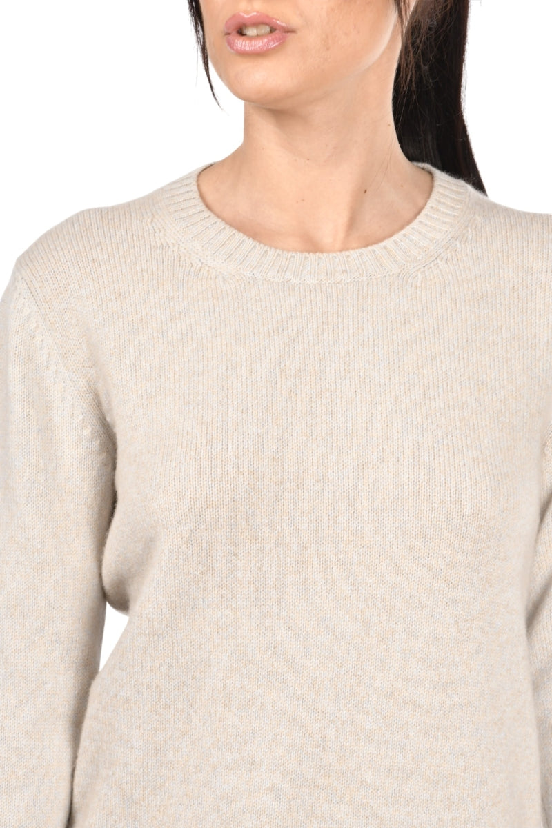Gran Sasso Women’s Crew 100% Cashmere Neck Knit Sweater with Side Slits – Beige