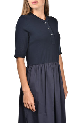 Gran Sasso: Navy Short Sleeve Midi Dress with Knit Top & Cotton Gathered Skirt
