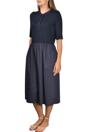 Gran Sasso: Navy Short Sleeve Midi Dress with Knit Top & Cotton Gathered Skirt