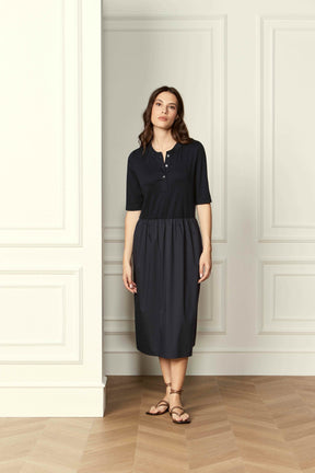 Gran Sasso: Navy Short Sleeve Midi Dress with Knit Top & Cotton Gathered Skirt