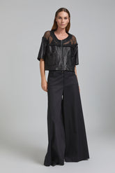 Tricot Chic: Mesh Panel Cropped Raffia Jacket