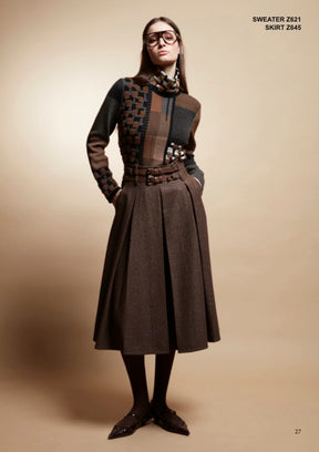 Tricot Chic: Geometric Turtleneck Knit Sweater | Brown Multi-Color