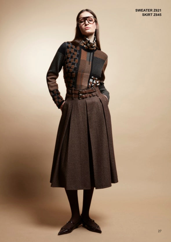 Tricot Chic: Geometric Turtleneck Knit Sweater | Brown Multi-Color