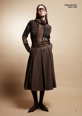 Tricot Chic: Wool Blend Pleated Midi Skirt | Women's Brown Italian Designer Skirt