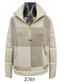 Tricot Chic: Women's Beige Check Knit Half-Zip Sweater with Quilted Sleeves | Luxury Italian Fashion