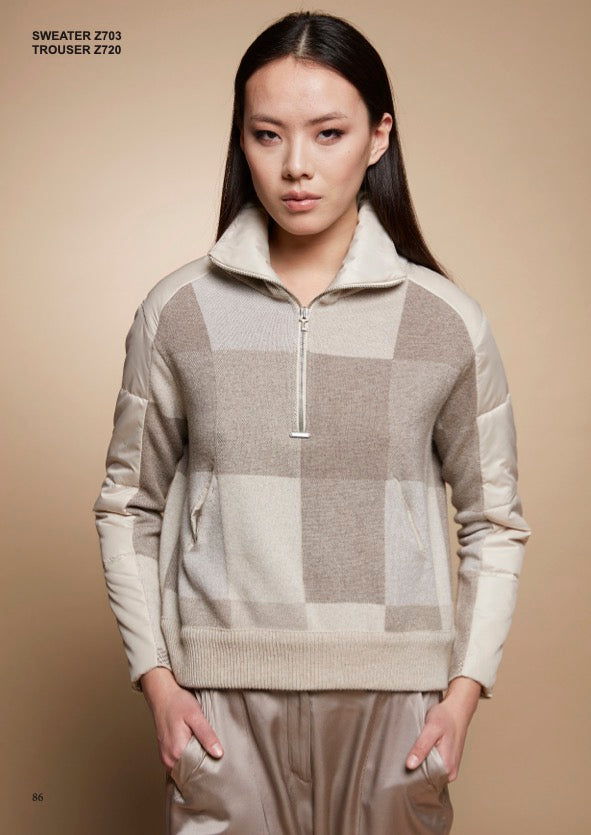 Tricot Chic: Women's Beige Check Knit Half-Zip Sweater with Quilted Sleeves | Luxury Italian Fashion